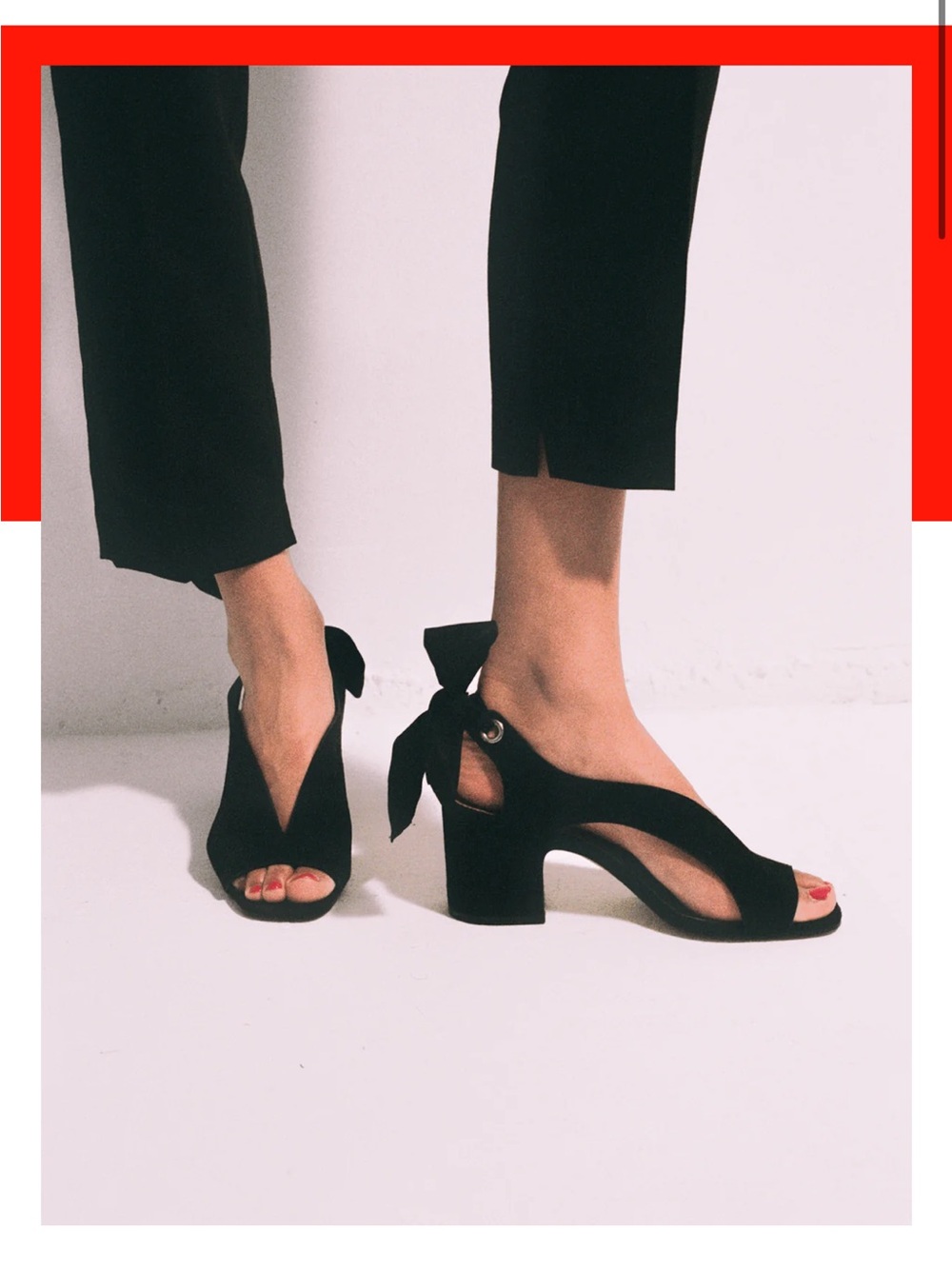 Nomassi Adora black suede sandals block heel open toe ribbon bow ankle tie 7 1/2